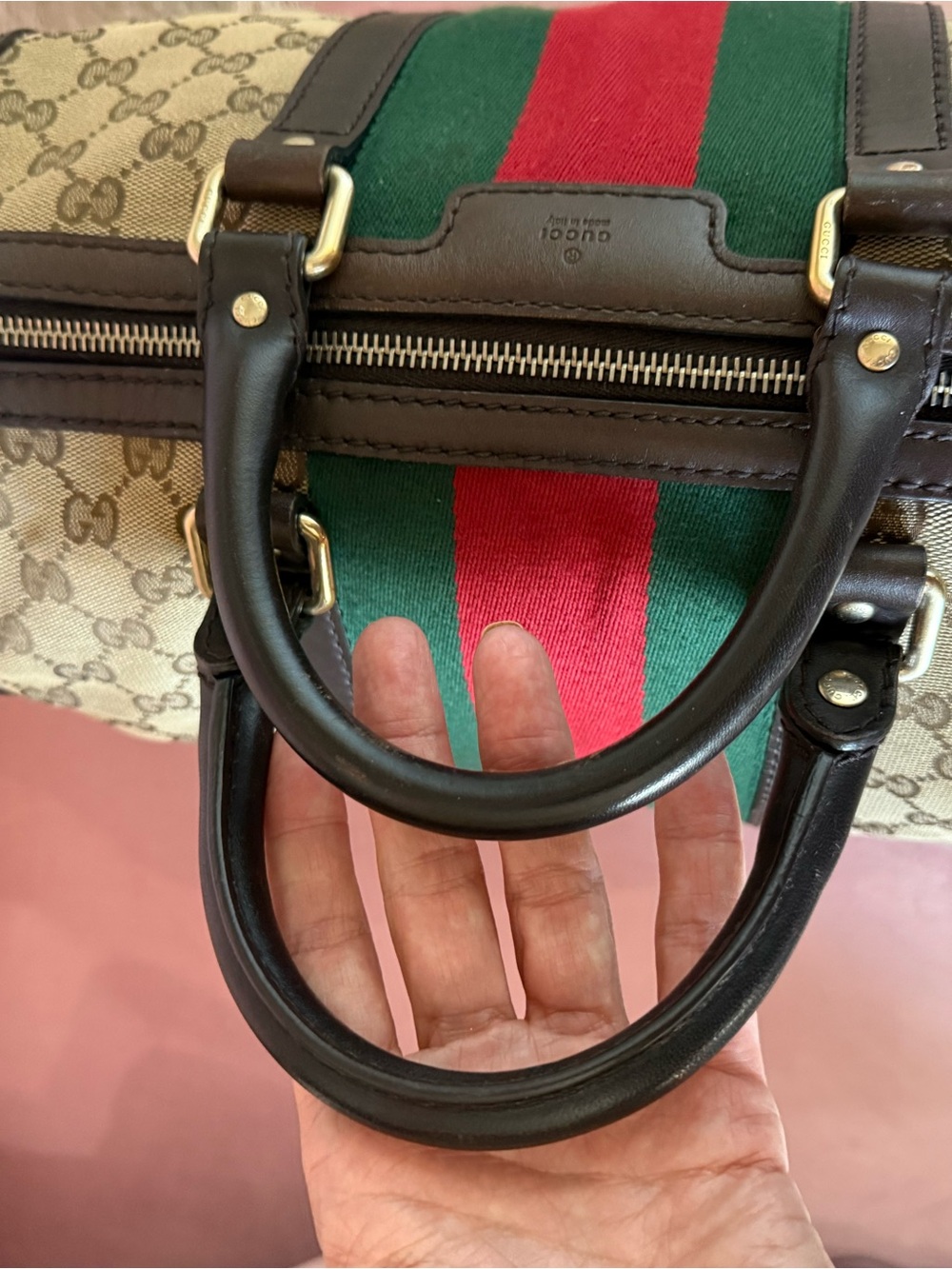 💯Auth! GUCCI Mono Canvas Boston Bag Green & Red Web Sherry Stripe Gold Hardware - Picture 10 of 17